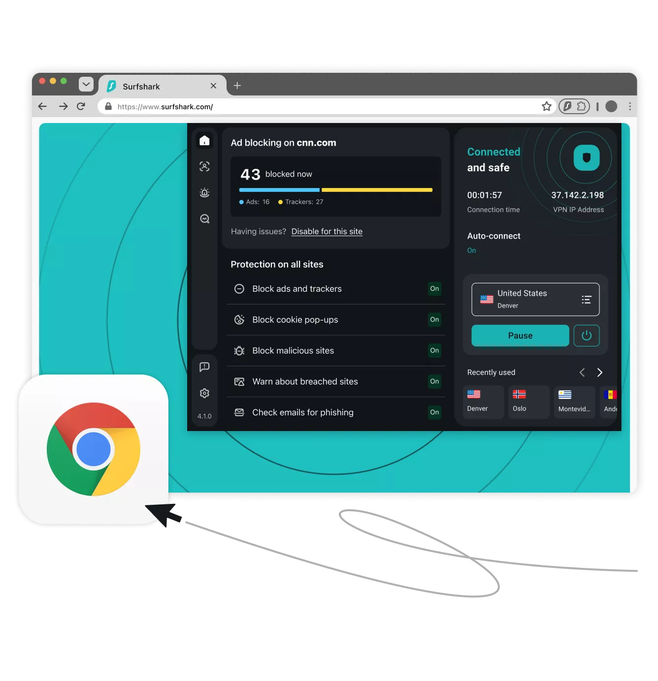 Chrome browser with Surfshark VPN extension connected, showing protection settings and location as United States