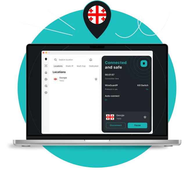 Laptop displaying a VPN app connected to Georgia, with a location pin above