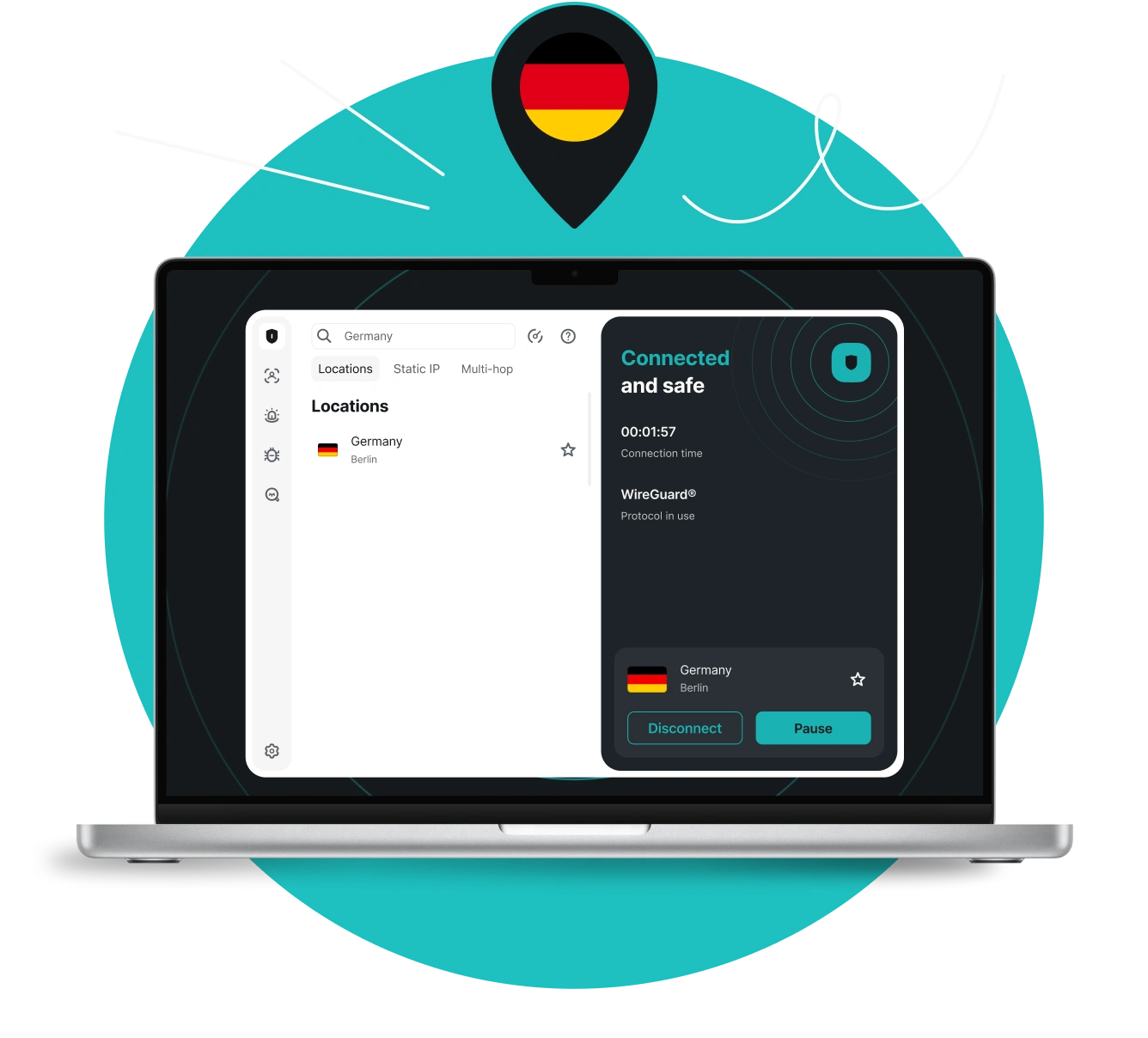 A laptop displaying the Surfshark application connected to a server in Berlin, topped with a location pin bearing the German flag.
