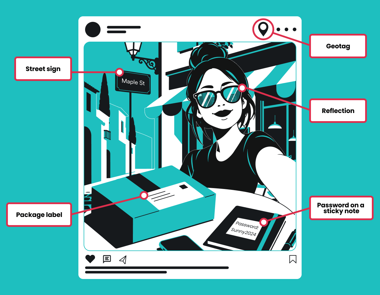 A social media post of woman smiling, revealing personal information like an exposed password, street name, geolocation, package, and more