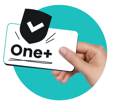 Hand holding a white card labeled One+ with a black shield and checkmark icon above the text.