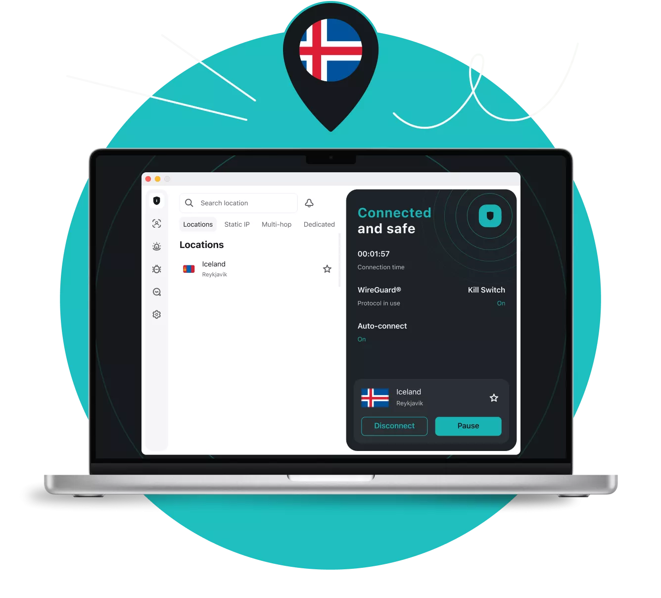 Laptop displaying a VPN app connected to Iceland, with a location pin above