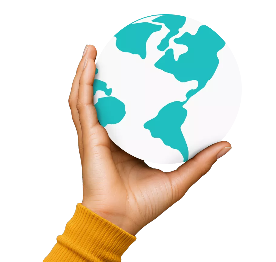 A hand holding a white globe with teal continents.
