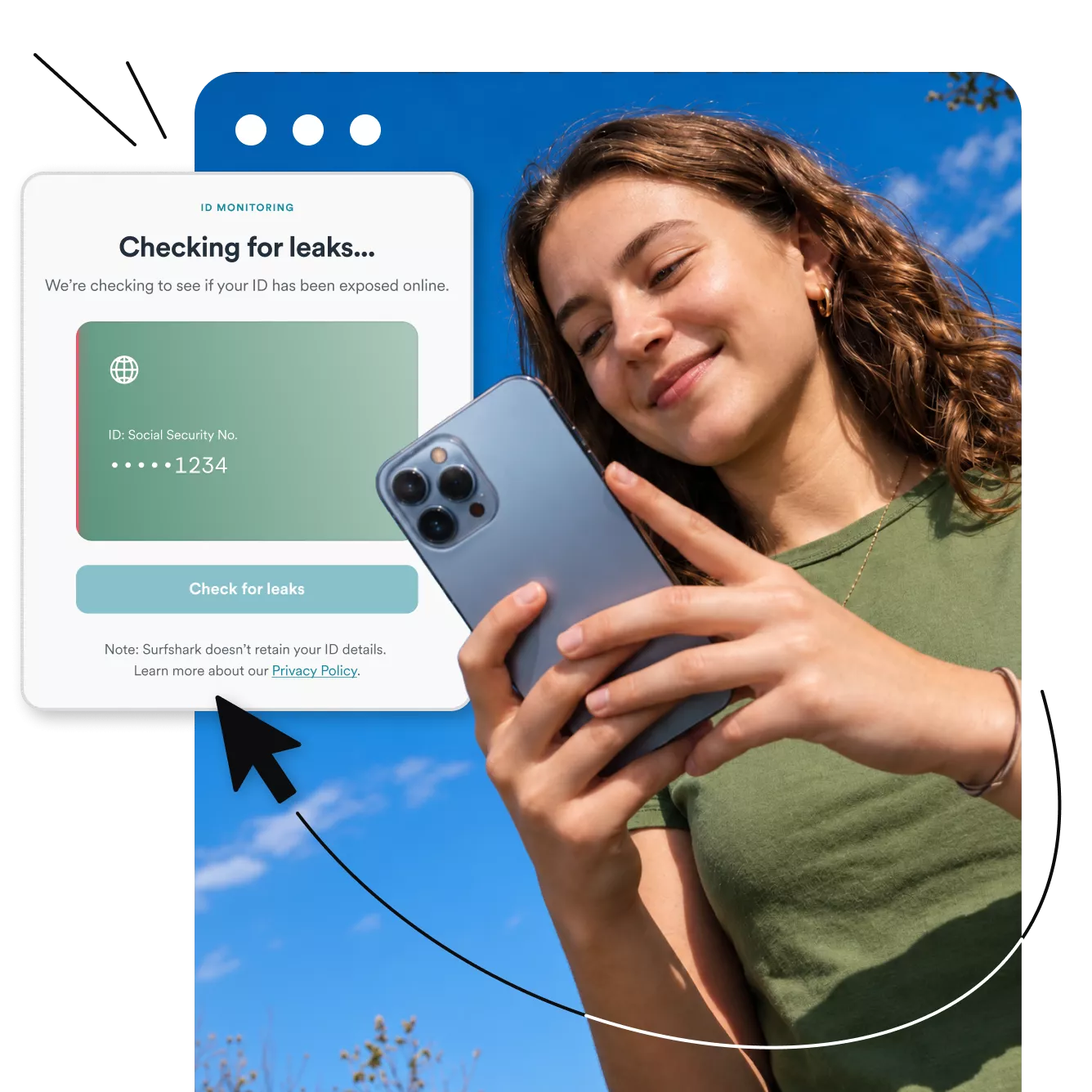 Woman using a smartphone next to an ID monitoring modal displaying Checking for leaks and an ID input field.