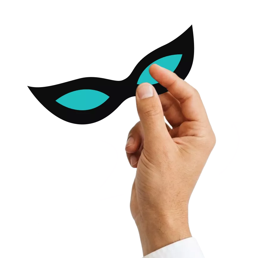 Hand holding a masquerade mask and a curved arrow