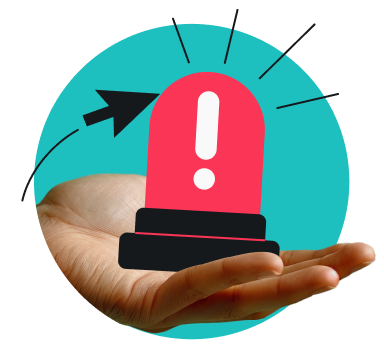 Hand holding a red emergency siren with a white exclamation mark