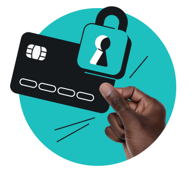 A hand holding a black credit card with a turquoise padlock icon above it.