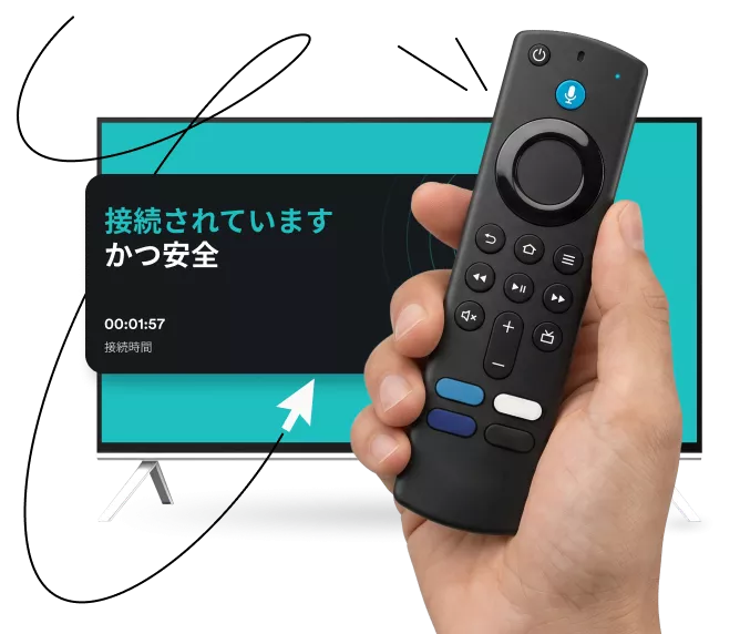 モーションラインのそばに接続されており安全であることを示すテキストが表示された黒いウィンドウが映っているテレビの前でストリーミングリモコンを持つ手。