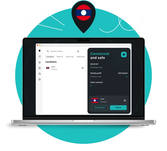 Laptop displaying a VPN app connected to Laos, with a location pin above