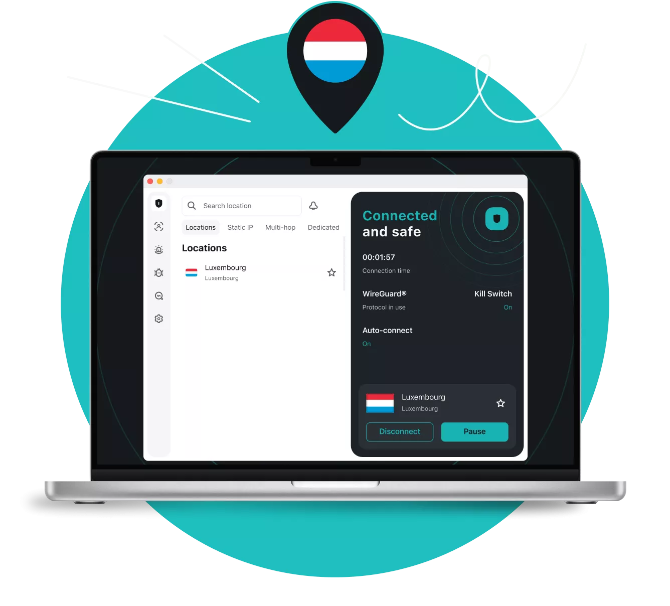Laptop mit einer VPN-App, die mit Luxemburg verbunden ist, mit einer Standort-Stecknadel darüber