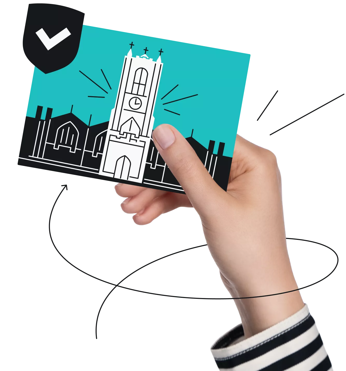 Hand holding a city postcard with a rocket and checkmark shield icon.