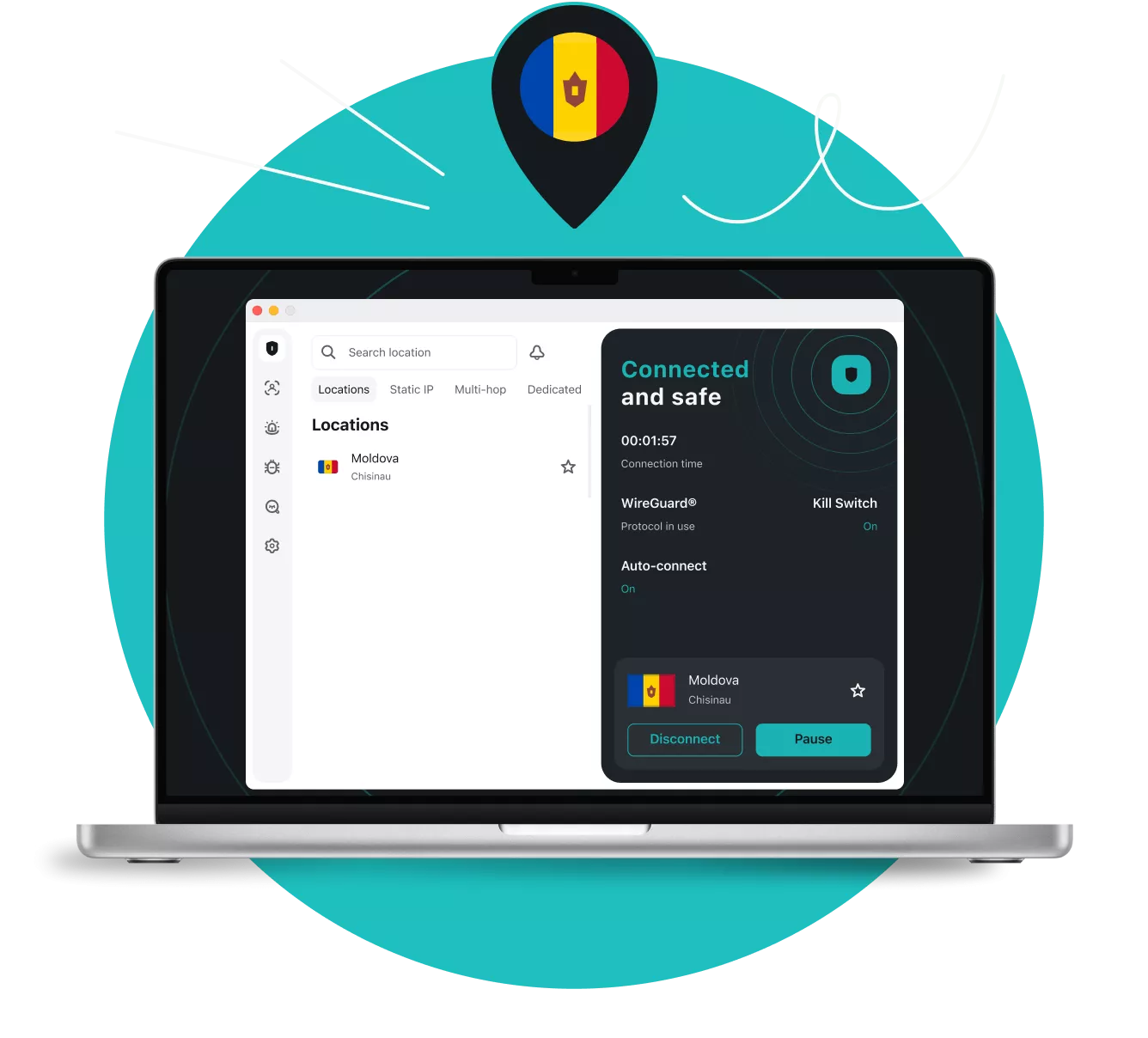 Laptop displaying a VPN app connected to Moldova, with a location pin above