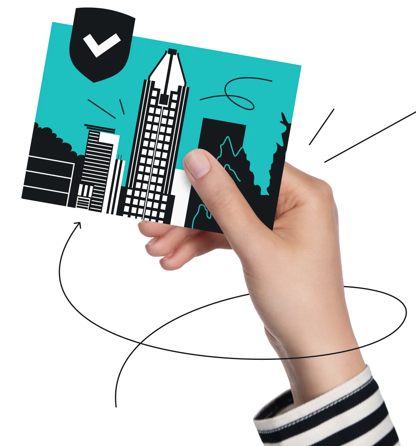 Hand holding a teal card with a city skyline illustration and checkmark badge