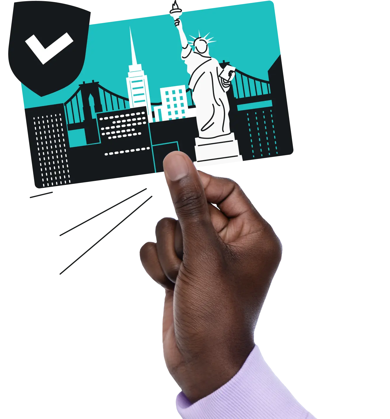 A hand holding a card showing the Statue of Liberty and the New York City skyline with a shield icon featuring a checkmark.