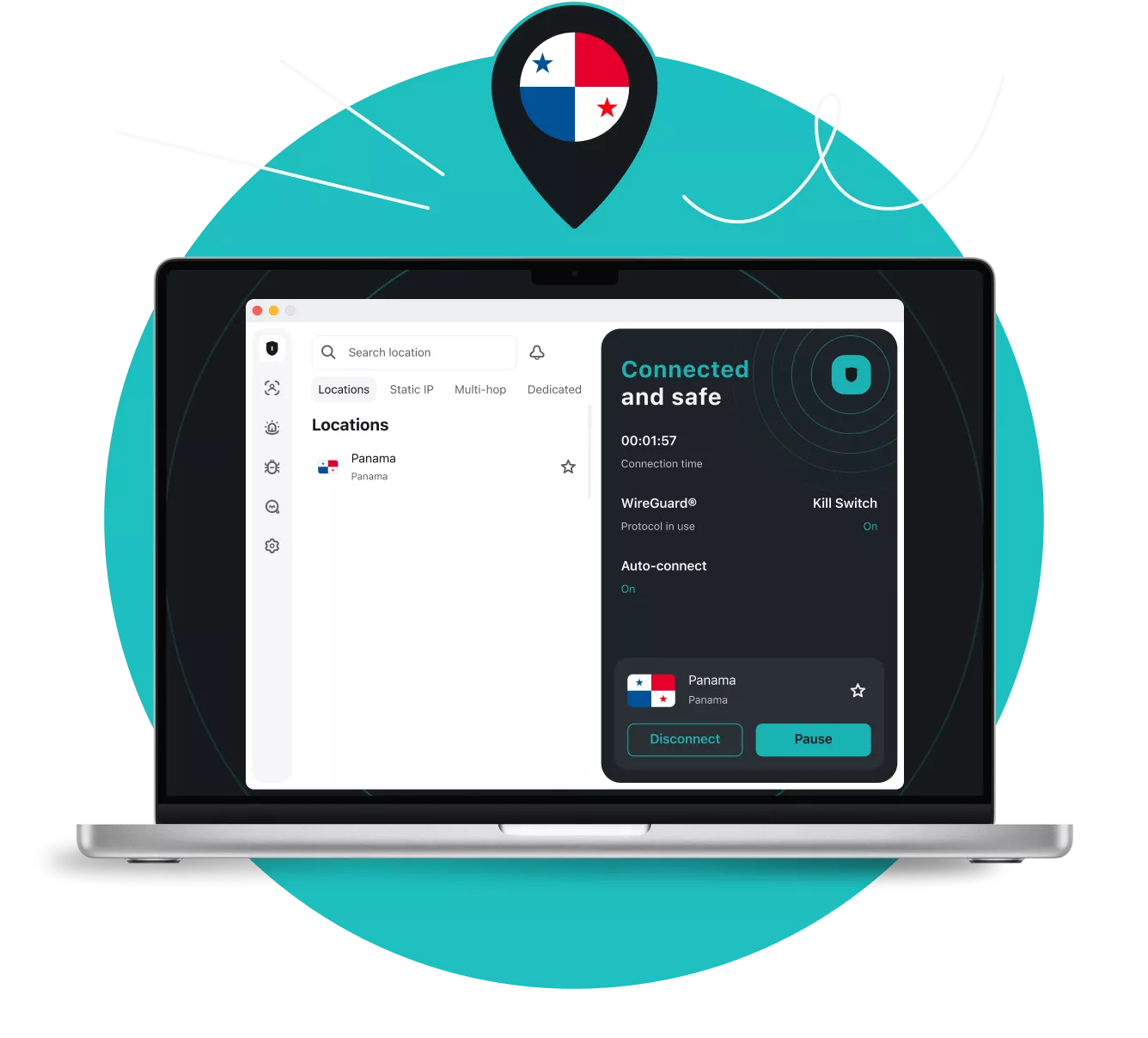 Laptop displaying a VPN app connected to Panama, with a location pin above