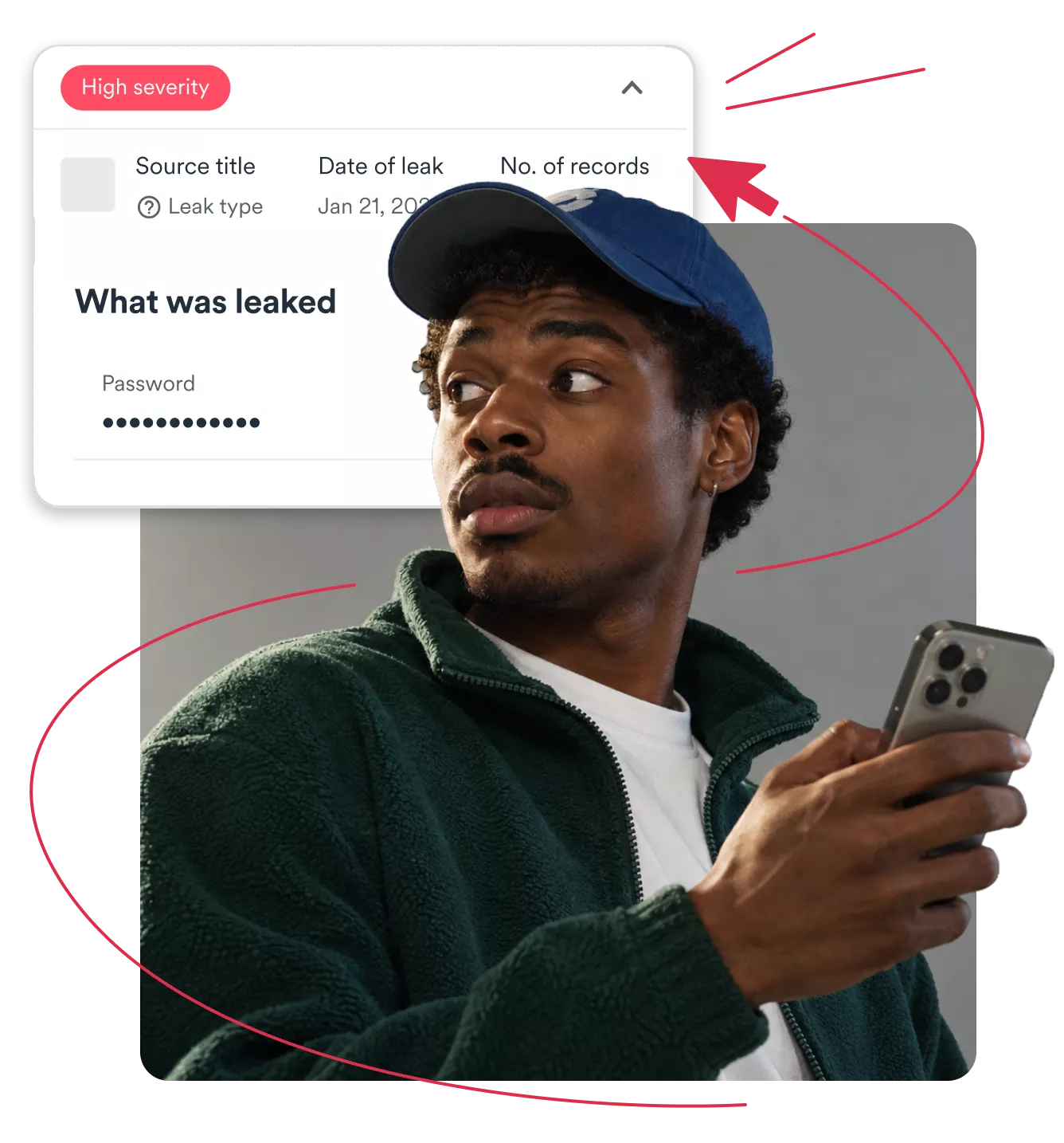 Man holding a phone beside a high severity data leak alert showing a leaked password.