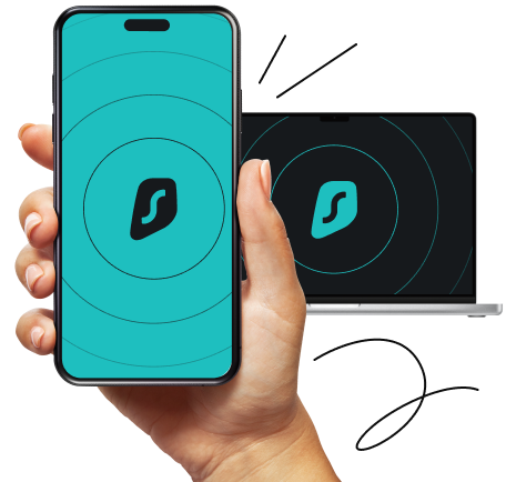 Hand holding a smartphone and a laptop displaying the Surfshark logo with radiating signal lines.