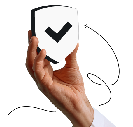 Hand holding a white shield icon with a black checkmark.