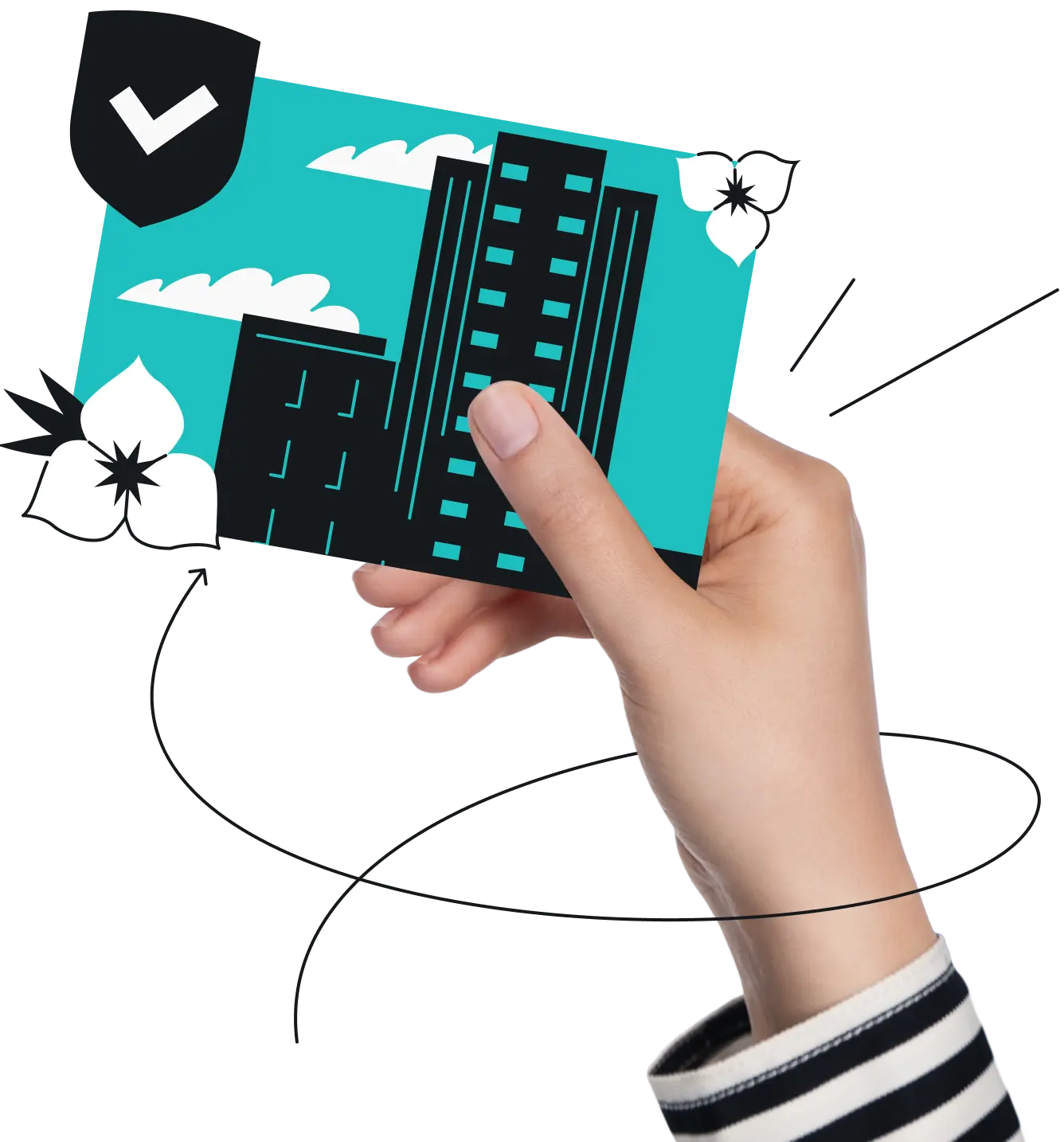 A hand holds a turquoise postcard featuring the skyline of Salt Lake City, with a checkmark badge in the corner.