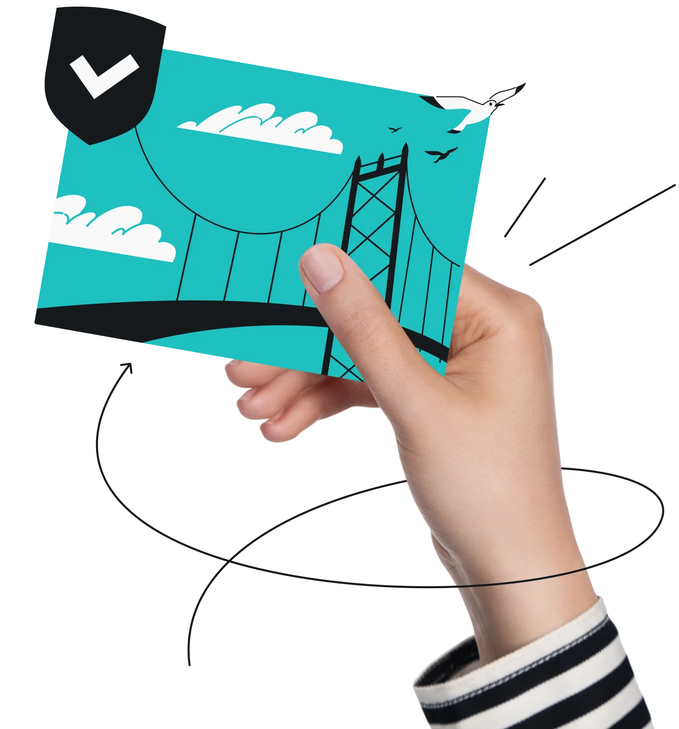 A hand holds a turquoise postcard featuring the Golden Gate bridge in San Francisco, with a checkmark badge in the corner.