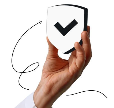 Hand holding a white shield with a black checkmark