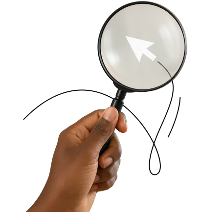 Hand holding magnifying glass over a white cursor arrow