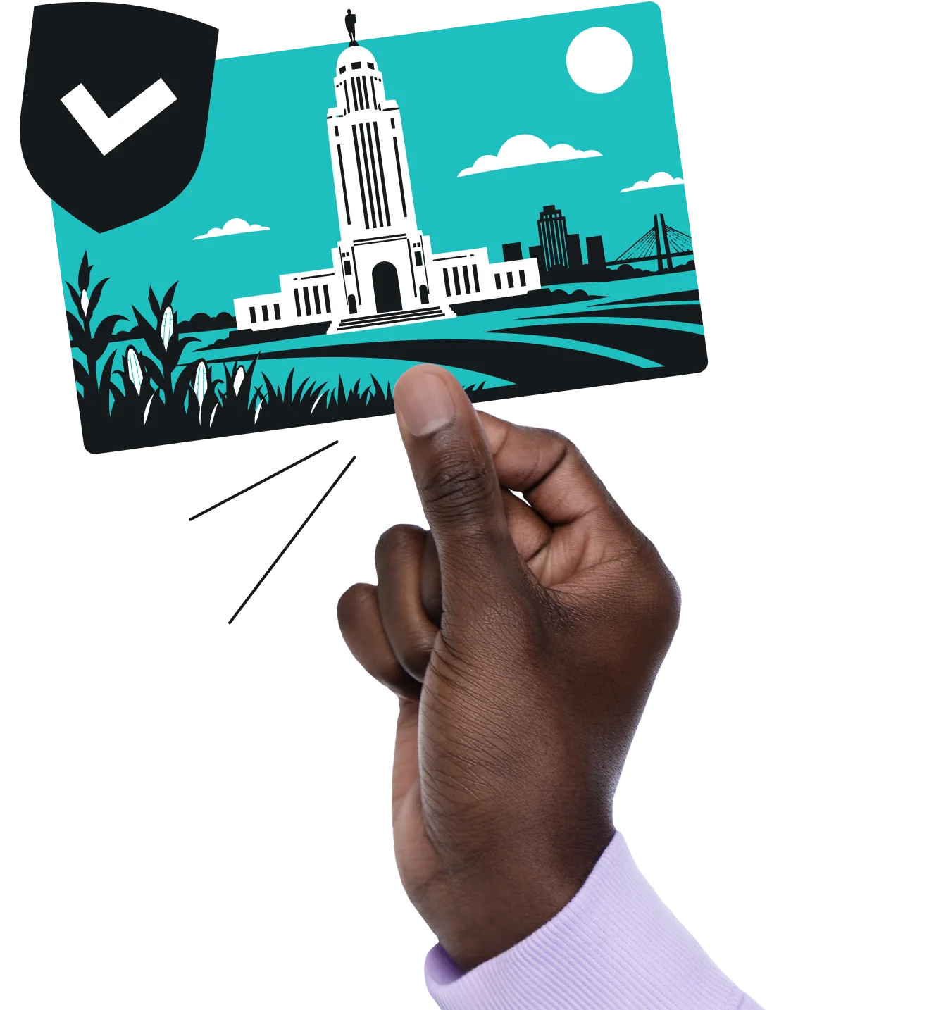 Hand holding a postcard of the Nebraska State Capitol with a checkmarked shield icon