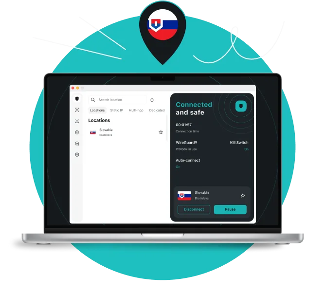 Laptop displaying a VPN app connected to Slovakia, with a location pin above