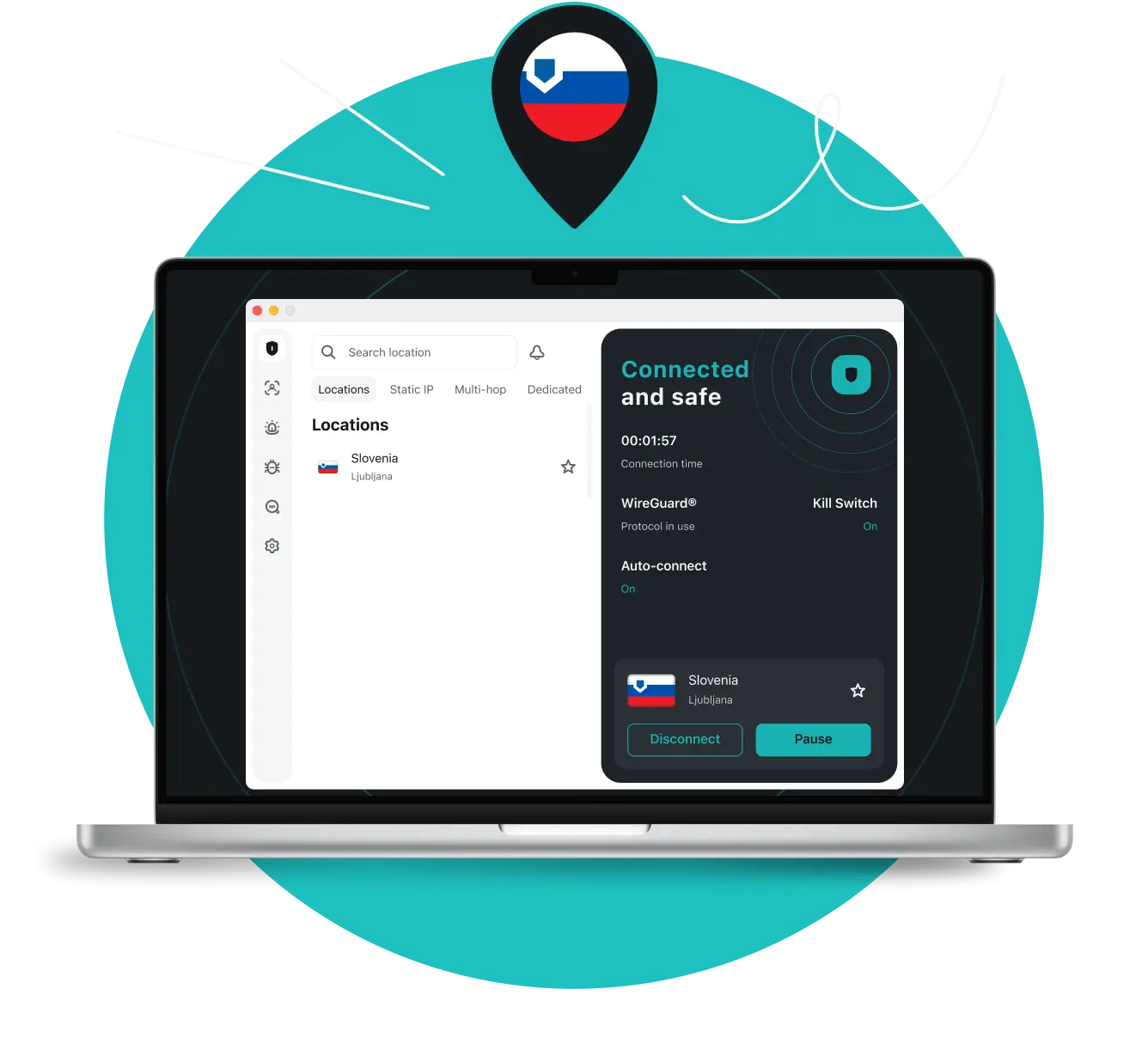Laptop screen showing Surfshark VPN connected to a Ljubljana server, with a location pin above displaying the Slovenian flag.