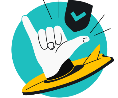 Hand making shaka sign on a yellow surfboard with a checkmark