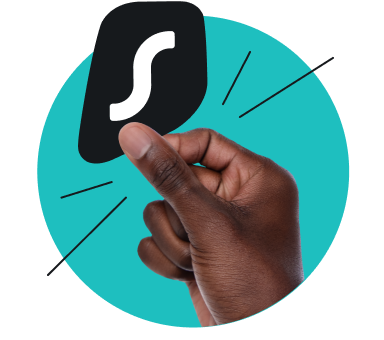 A hand holding a black Surfshark logo against a teal circular background.