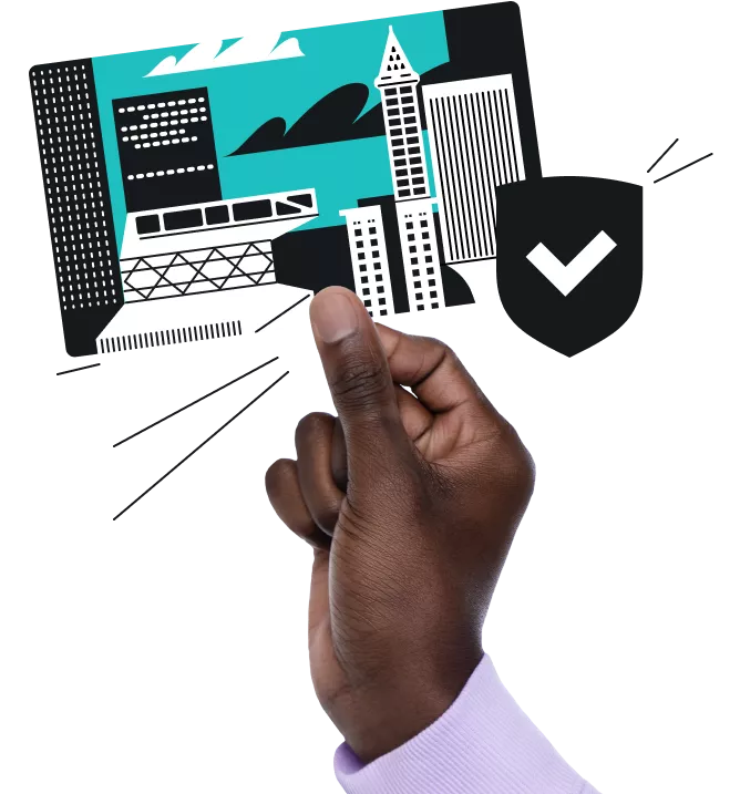 A hand holds a card featuring a stylized city skyline illustration and a black shield icon with a white checkmark.