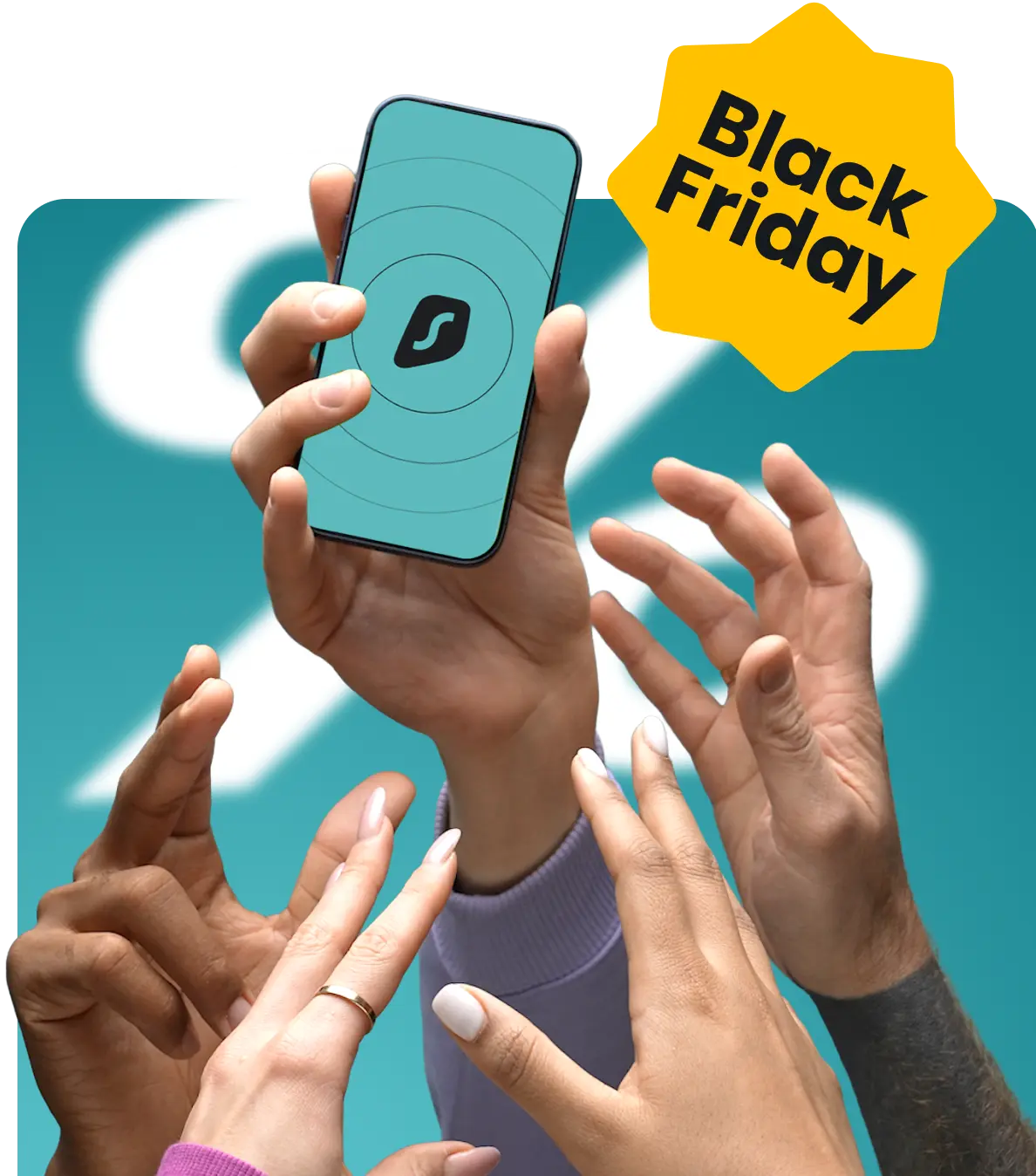 Hand holding a smartphone showing the Surfshark logo while other hands reach up toward it, next to a yellow Black Friday badge.