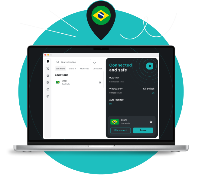 Surfshark VPN app interface on a laptop screen showing a map pin with the Brazil flag and a Connected and safe status.