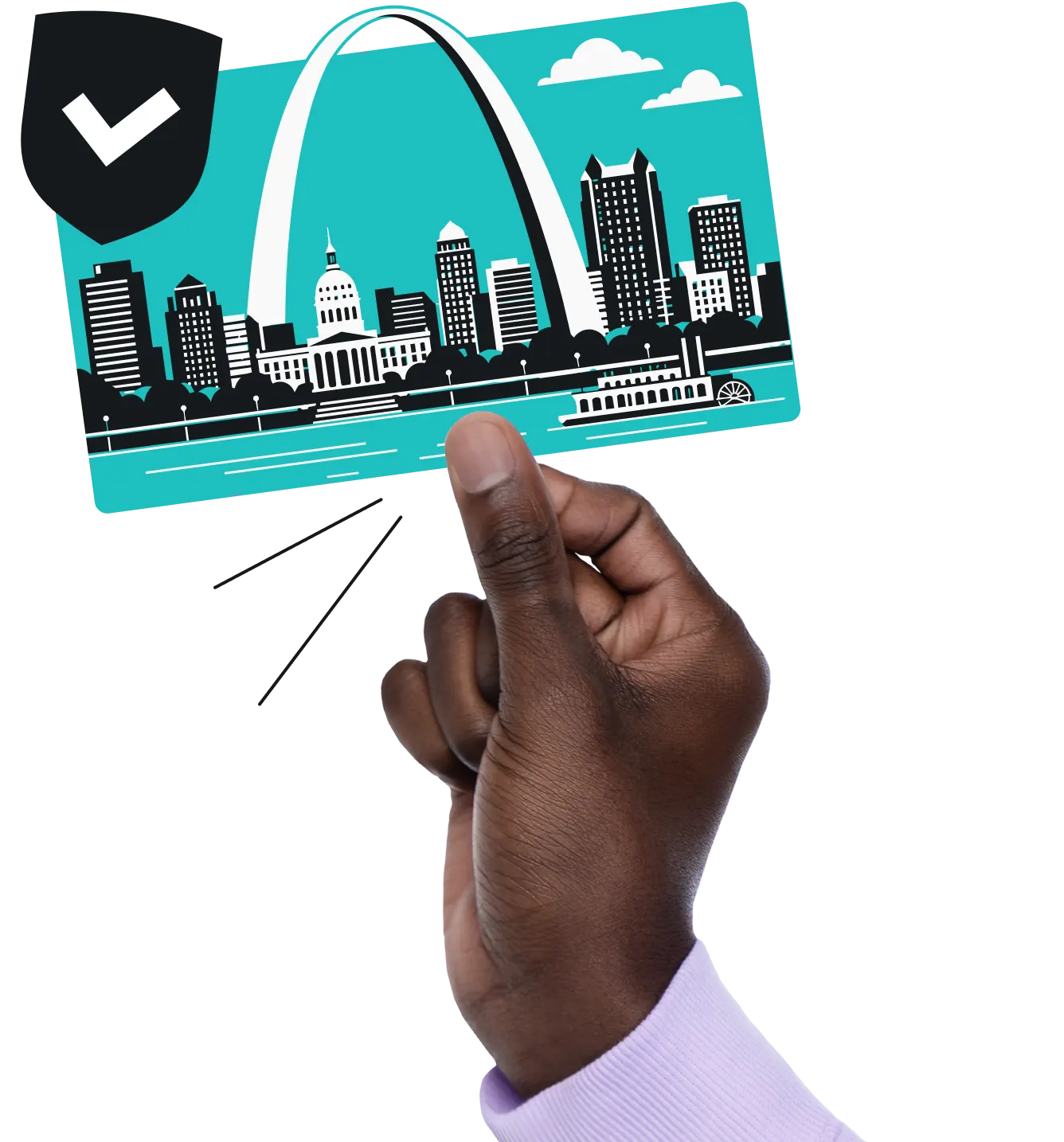A hand holds a teal, white, and black card featuring a St. Louis skyline illustration beneath a black shield with a white check.