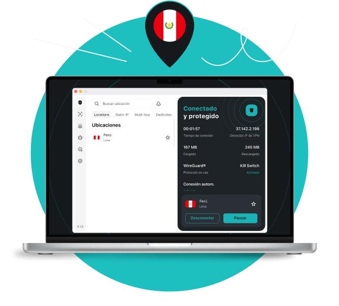 Portátil mostrando la interfaz de Surfshark VPN configurada en Perú, con un pin de mapa negro con la bandera peruana sobre un fondo circular color verde azulado.