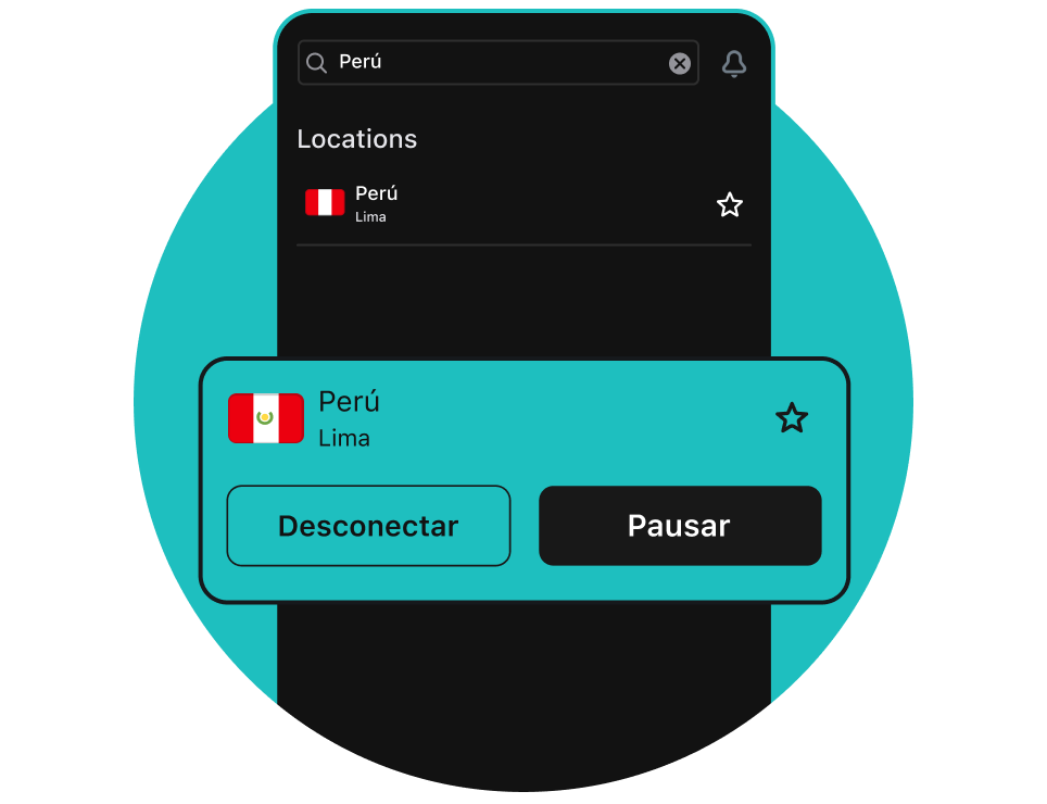 Interfaz de la aplicación móvil de Surfshark mostrando una tarjeta color verde azulado sobre un fondo negro con la ubicación Perú, y los botones Desconectar y Pausar.