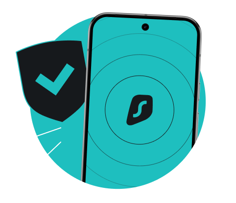 Smartphone screen with a black Surfshark logo on a teal background next to a black shield icon with a teal checkmark.