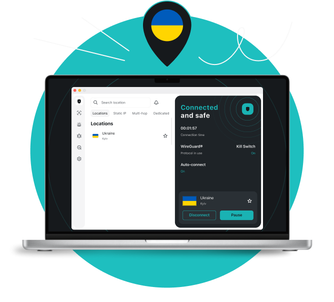 Laptop displaying a Surfshark VPN interface showing Connected and safe with Ukraine selected as the location.