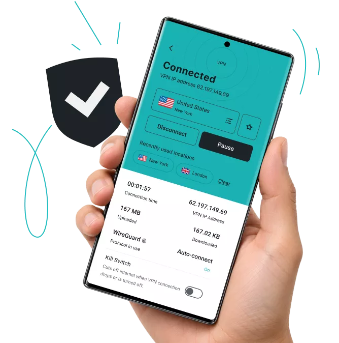Hand holding a smartphone displaying the Surfshark VPN app interface with a Connected status and location details.