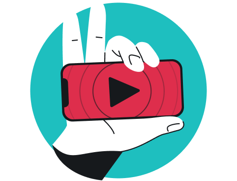Hand holding a smartphone horizontally with a red background with a black play button.
