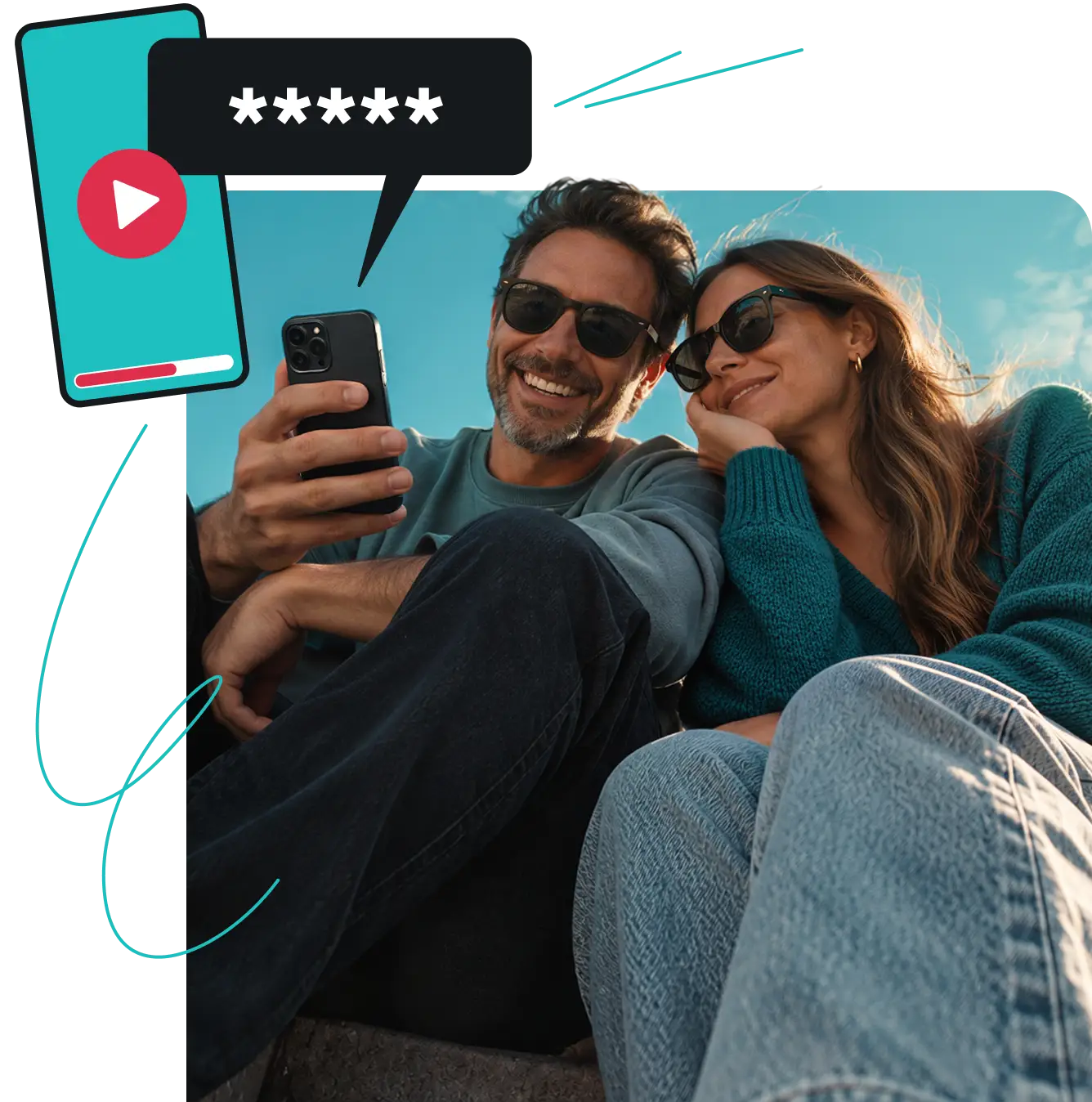 A couple in sunglasses looking at a phone next to a smartphone icon with a red play button and a five-star rating in a black speech bubble.