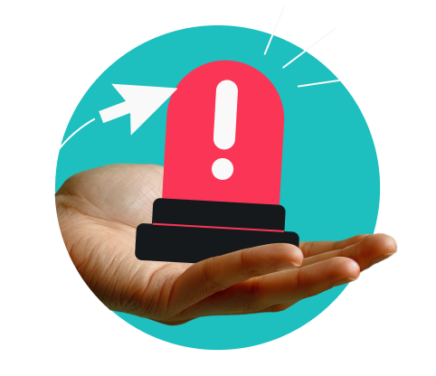 A hand holds a red alarm beacon with a white exclamation mark against a teal circle.