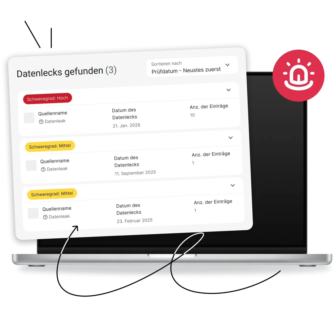 Laptop mit einem Dashboard für gefundene Datenlecks (3), das Einträge mit hohem und mittlerem Schweregrad sowie die Anzahl der Datensätze anzeigt.