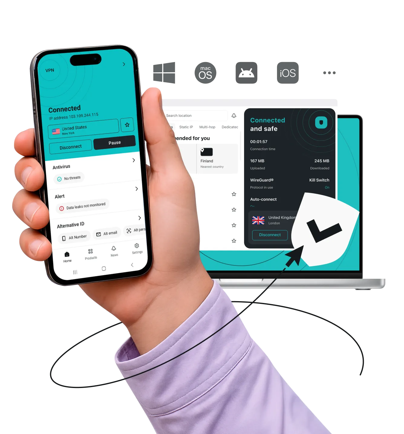 Hand holding a smartphone displaying the Surfshark VPN app in front of a laptop showing the Surfshark VPN interface behind it, and a checkmarked shield positioned nearby.