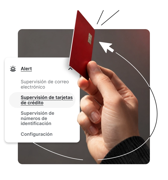 Mano sosteniendo una tarjeta de crédito roja junto a un menú blanco con Alert y Credit card monitoring.
