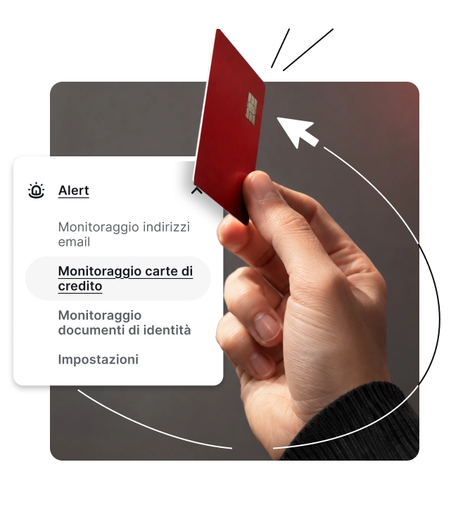 Mano che tiene una carta di credito rossa accanto a un menu bianco con Alert e Credit card monitoring.