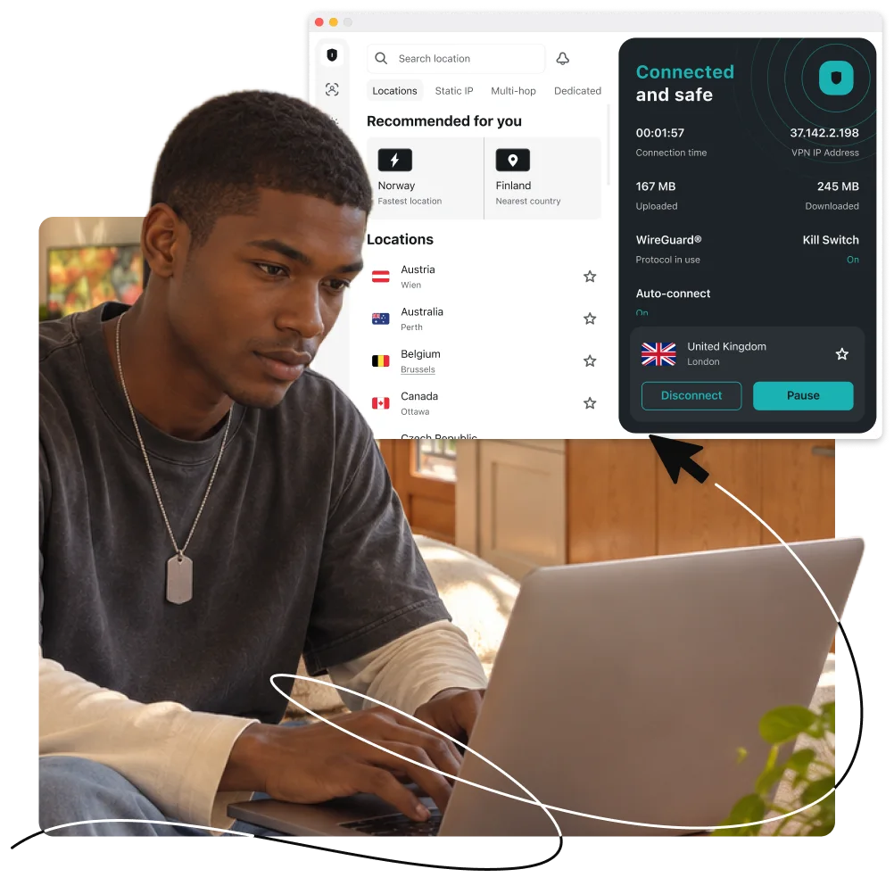 Man using a laptop displaying the Surfshark VPN application interface with a connection status of Connected and safe.