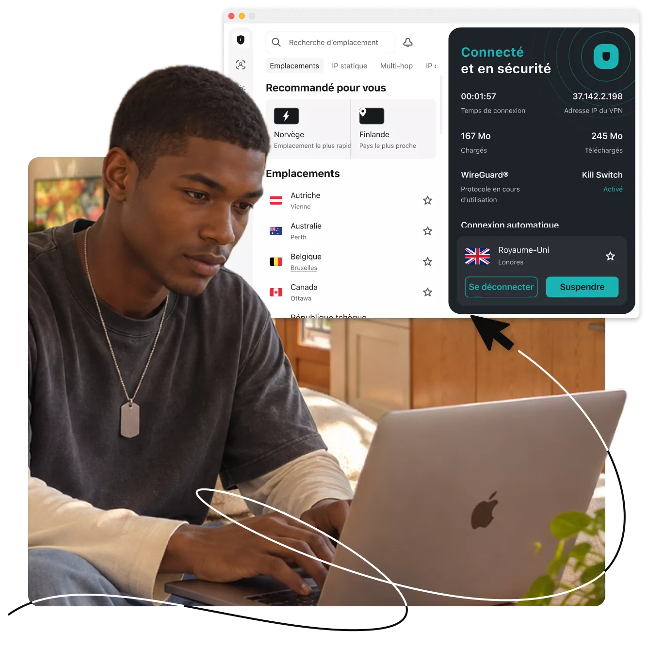 Homme utilisant un ordinateur portable affichant l’interface de l’application Surfshark VPN avec l’état de connexion Connecté et sécurisé.