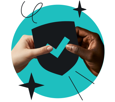 Two hands hold a black shield with a teal checkmark against a teal circular background with black star accents.